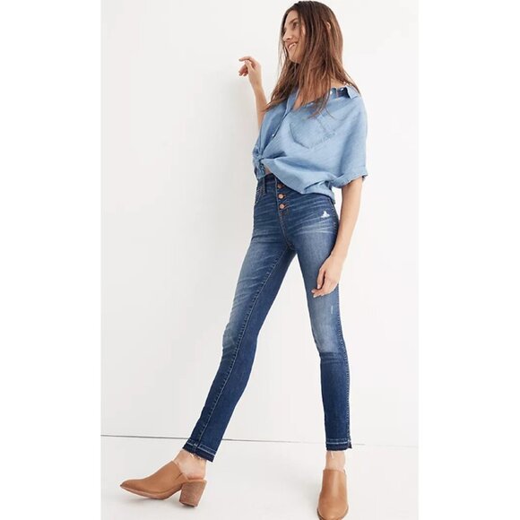 Madewell 10" High-Rise Skinny Jeans Raw Cut Hem Stretch Denim Mid Wash Blue 24 - Picture 1 of 12